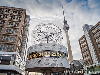 Berlinâ€™s Alexanderplatz, Weltzeituhr World Time Clock, and T Editorial Stock Photo